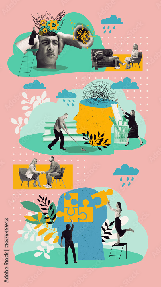 Obraz premium Contemporary art collage. Process of healing mental health issues through therapy, support, and self-care. Journey to mental health and personal growth. Psychology, awareness concept. Vertical poster