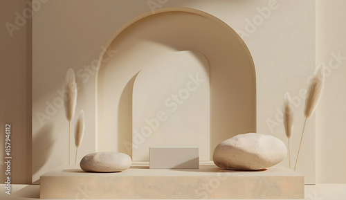 Abstract beige background with podium for product presentation
