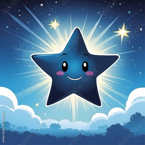 Smiling Star in Night Sky: A whimsical illustration of a cheerful blue star smiling brightly against a starry night sky. The star is surrounded by fluffy clouds and emits a warm glow