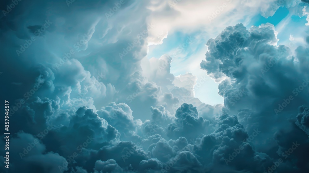 Fototapeta premium A plane flies through a cloudy sky with white puffy clouds