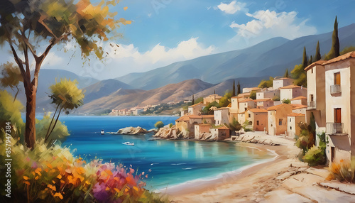 Oil painting of a small town on the Mediterranean Sea and beautiful beach, mountains in the background, beautiful summer weather. abstract oil painting style   © Prateek