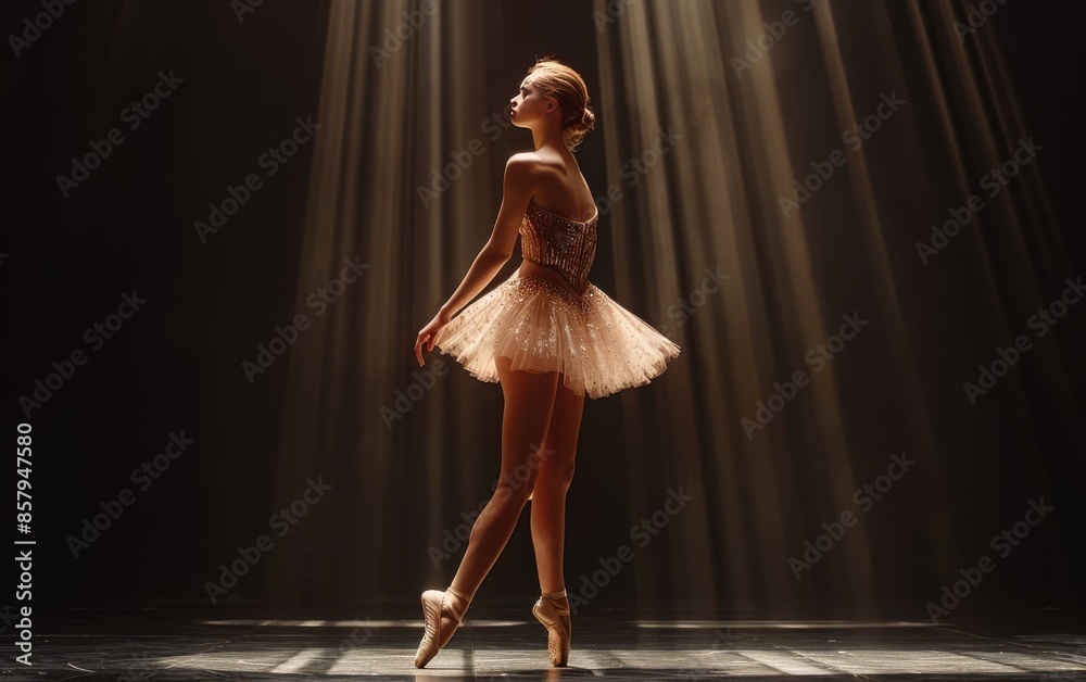 Fototapeta premium Ballerina Posing On Stage Under Bright Lights