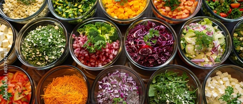 A selection of fresh salads in bowls with various ingredients