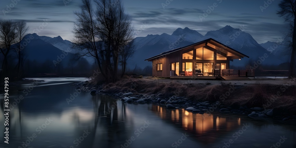 Fototapeta premium Riverside Cabin at Dusk A Cozy Retreat with Mountain Views. Concept Cabin Retreat, Riverside, Dusk, Mountain Views, Cozy Atmosphere