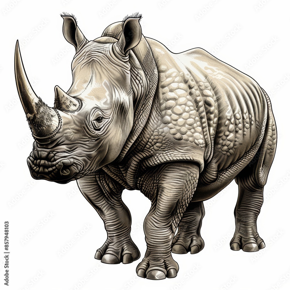 Fototapeta premium Stoic rhinoceros, horn prominent, skin textured like armor, hand-drawn on a white background.
