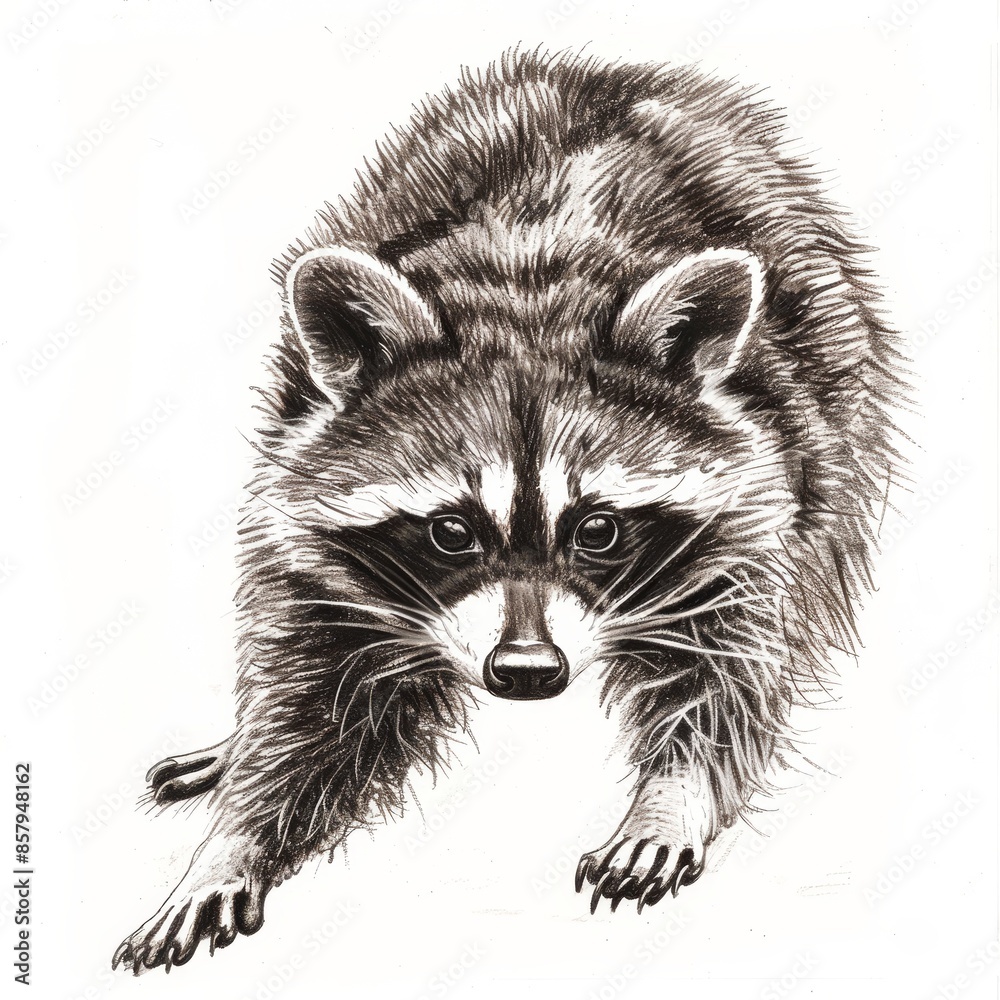 Curious raccoon with masked face and poised paws, captured in a detailed sketch on a white background. Curious raccoon with masked face and poised paws, captured in a detailed sketch on a white background.