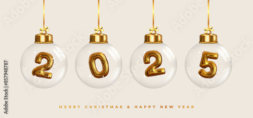 Happy New Year 2025! Golden numbers inside glass Christmas balls hanging on ribbon. Realistic 3D image of metal sign. Celebrating 2025 party. Christmas poster, web banner, site header.
