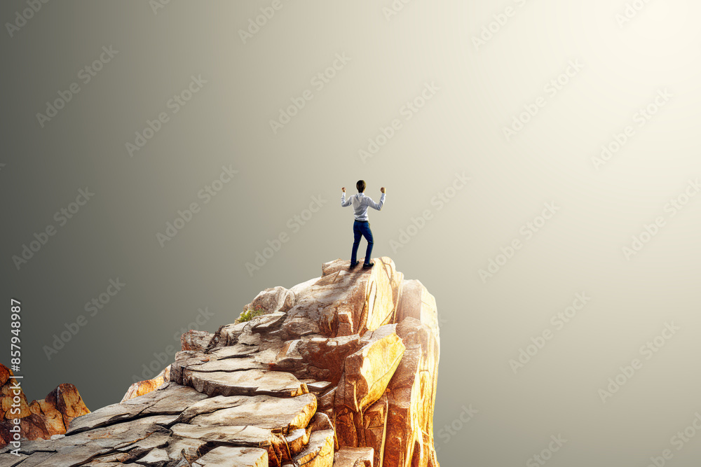 A person is celebrating on a cliff's edge with sunny background, depicting a concept of achievement. Generative AI A person is celebrating on a cliff's edge with sunny background, depicting a concept of achievement. Generative AI