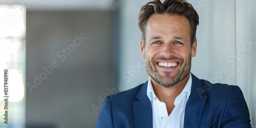 Confident and Successful Businessman Radiating Positivity. Concept Professional Business Attire, Confident Body Language, Successful Businessman, Positive Demeanor photo