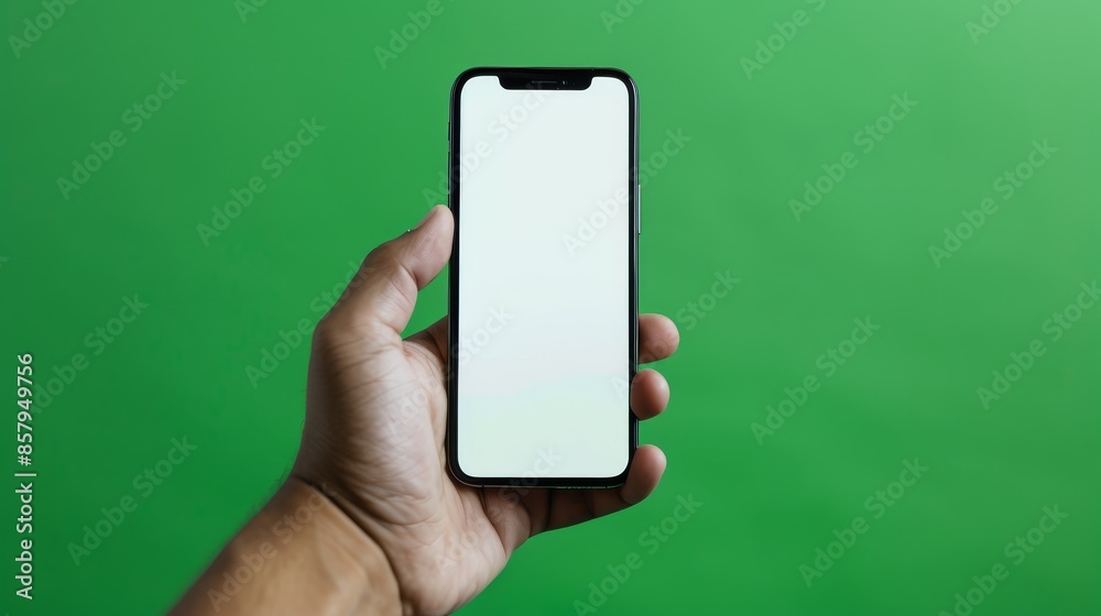 Hand with mobile phone mockup screen on a green background, copy space Hand with mobile phone mockup screen on a green background, copy space