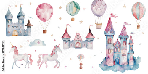 Watercolor set with unicorn and castle and balloon isolated on a white background