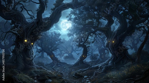 A spooky forest at night, with twisted trees and glowing eyes peering out from the darkness, as a full moon shines overhead. © nattapon98
