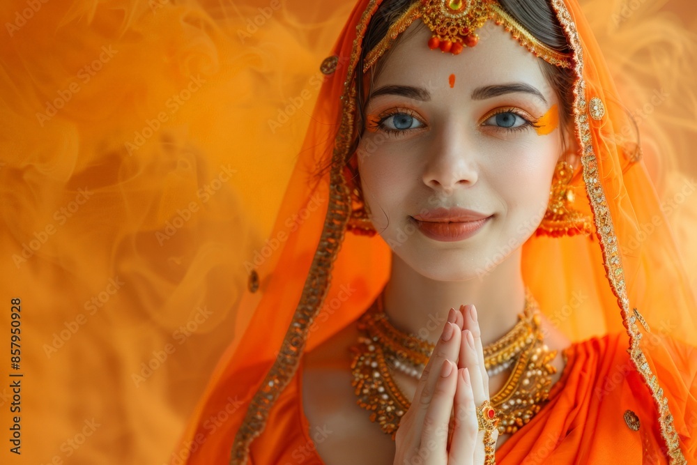 A beautiful Indian girl in a traditional sari and jewelry. Happy young woman  dressed up as Radha on a holiday orange background. Happy Krishna Janmashtami greeting card, copy space.