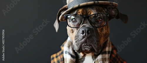 A stylish dog wearing a hat and glasses photo