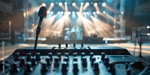 Live stage production with rigging lighting and PA systems in a venue. Concept Stage Lighting, Sound Systems, Venue Set-up, Rigging Equipment, Live Production