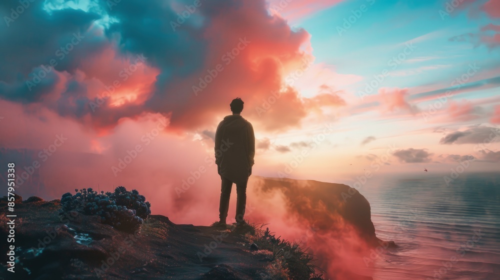 The lonely man standing at the mountain and watching the sunsets The lonely man standing at the mountain and watching the sunsets