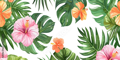 watercolor tropical flowers and leaves seamless pattern on white background