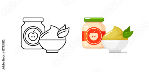 Baby food icons with apple puree in glass jar and white bowl. Vector outline and colorful illustrations of healthy nutrition from organic fruits for infants in container with label