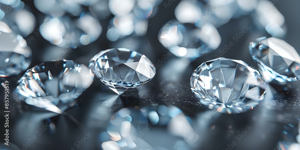 Blue diamonds on a black background illuminated by bright light from above and below. Concept Diamond Photography, Bright Lighting, Blue Gemstones, Black Background, Illumination