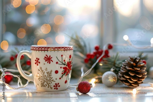 A third Christmas coffee cup with holiday decorations photo