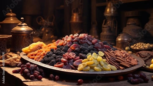 Array of dried fruits evoking Middle Eastern flair.