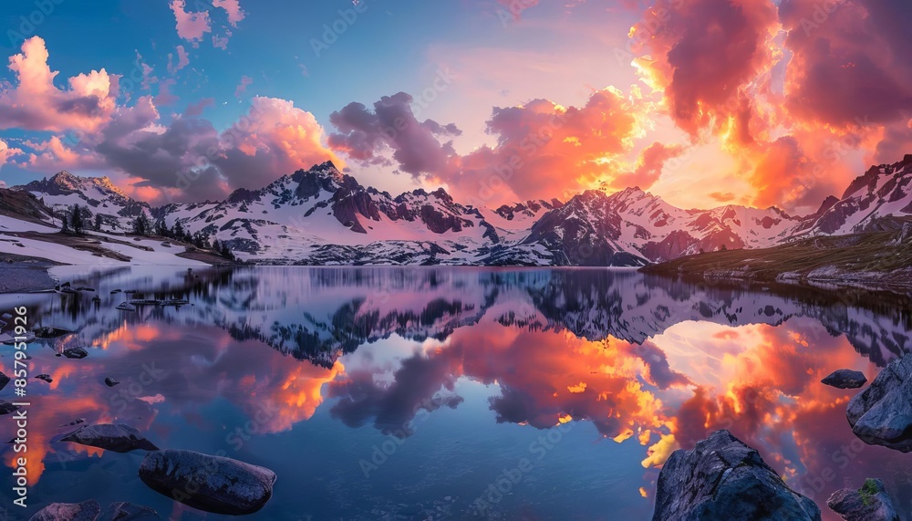 A tranquil lake reflecting the vibrant colors of a stunning sunset, framed by a backdrop of snowcapped mountains. A tranquil lake reflecting the vibrant colors of a stunning sunset, framed by a backdrop of snowcapped mountains.