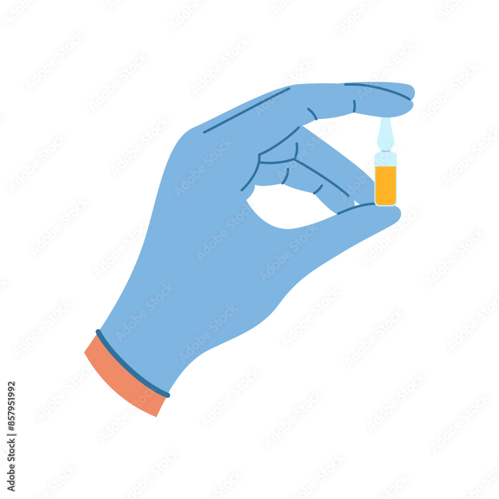 Doctor hand in rubber glove holds ampoule with serum for injection Doctor hand in rubber glove holds ampoule with serum for injection
