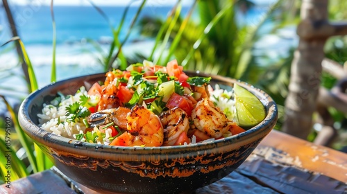 A bowl of Caribbean jerk shrimp with pineapple salsa, served with rice and beans, placed on a ceramic bowl, set on a table with a view of a tropical beach and palm trees