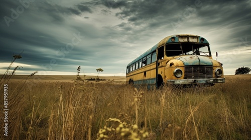 Neglected field with decaying vintage bus.