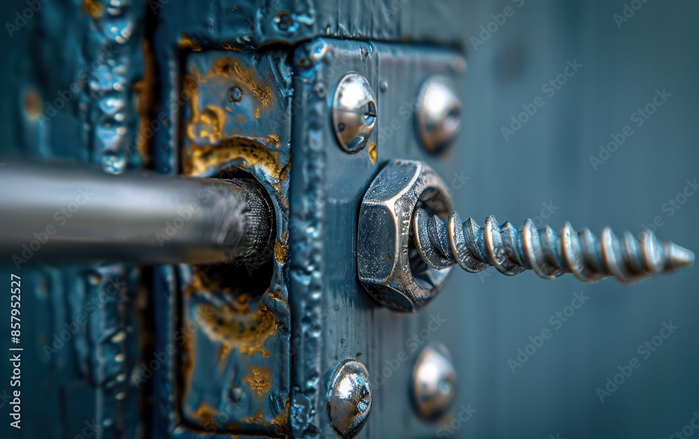 Close Up Of A Metal Screw On Blue Door Close Up Of A Metal Screw On Blue Door