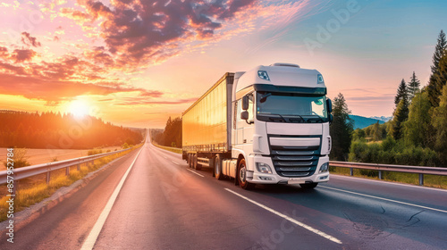 Truck road sunset. Freight transportation concept. Logistic vehicle driving highway, cargo delivery. fast industry trucking transport. Commercial automobile heavy traffic, large container. Business. © remake