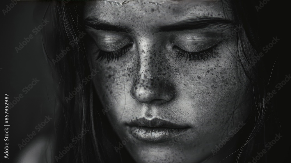 The girl closes her eyes feeling the thoughts The girl closes her eyes feeling the thoughts