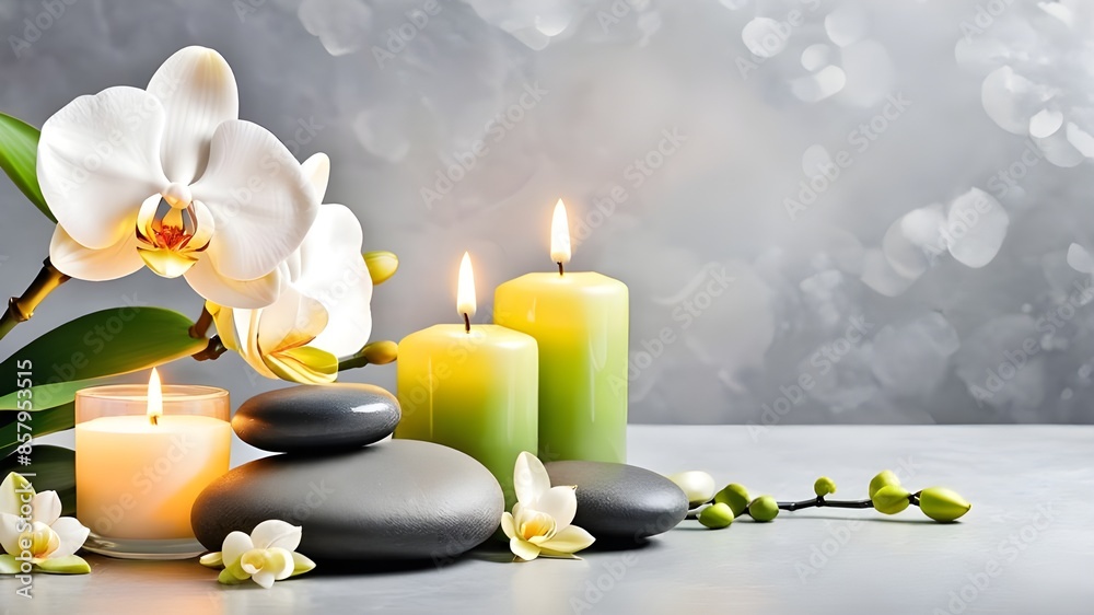 Zen stones, candles and white orchid flower on green and grey background with copy space, wellness and harmony, massage, spa and bodycare concept