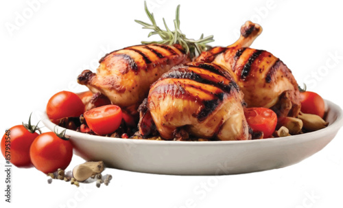 Christmas or Thanksgiving roasted turkey with grapes and herbs isolated on a white background