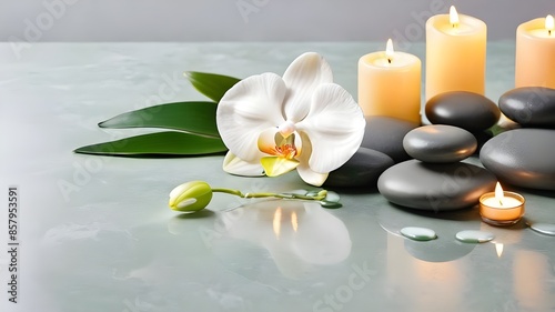 Zen stones, candles and white orchid flower on green and grey background with copy space, wellness and harmony, massage, spa and bodycare concept