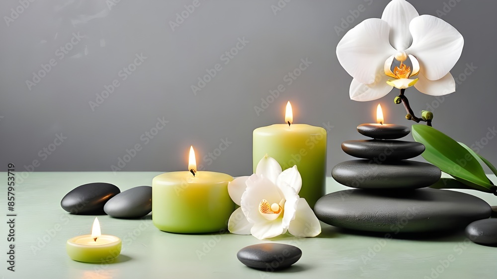 Zen stones, candles and white orchid flower on green and grey background with copy space, wellness and harmony, massage, spa and bodycare concept Zen stones, candles and white orchid flower on green and grey background with copy space, wellness and harmony, massage, spa and bodycare concept