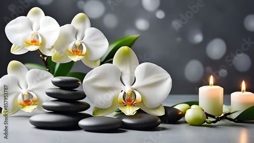 Zen stones, candles and white orchid flower on green and grey background with copy space, wellness and harmony, massage, spa and bodycare concept