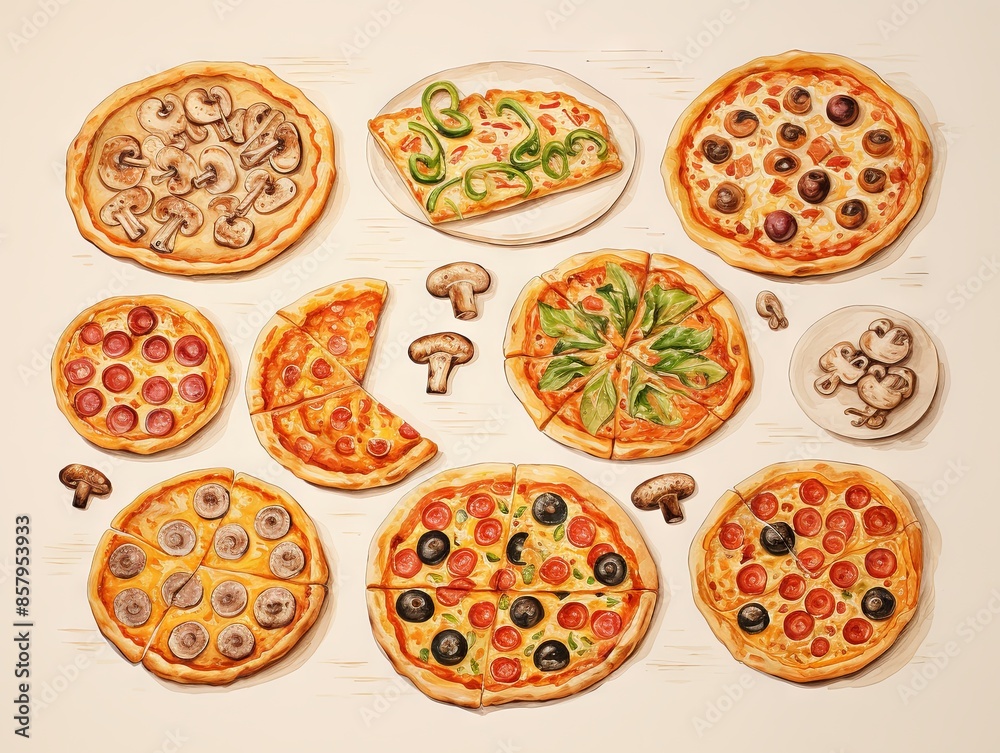 watercolor image of pizza with mushrooms and cheese