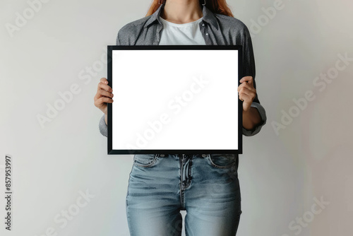 beautiful woman in jeans holding picture frame isolated