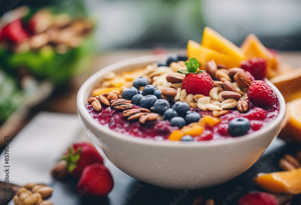 A vibrant smoothie bowl cafe, bowls filled with colorful fruits, nuts, and seeds, a visual and nutritional delight.
A vibrant smoothie bowl cafe, bowls filled with colorful fruits, nuts, and seeds, a visual and nutritional delight.