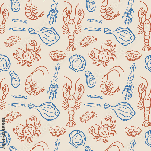 Seafood seamless pattern hand drawn vector illustration. Repeating background with fish, oysters, mussels, crab, lobsters, clams, mussels, sardines, marine motif. Decorative ornament 