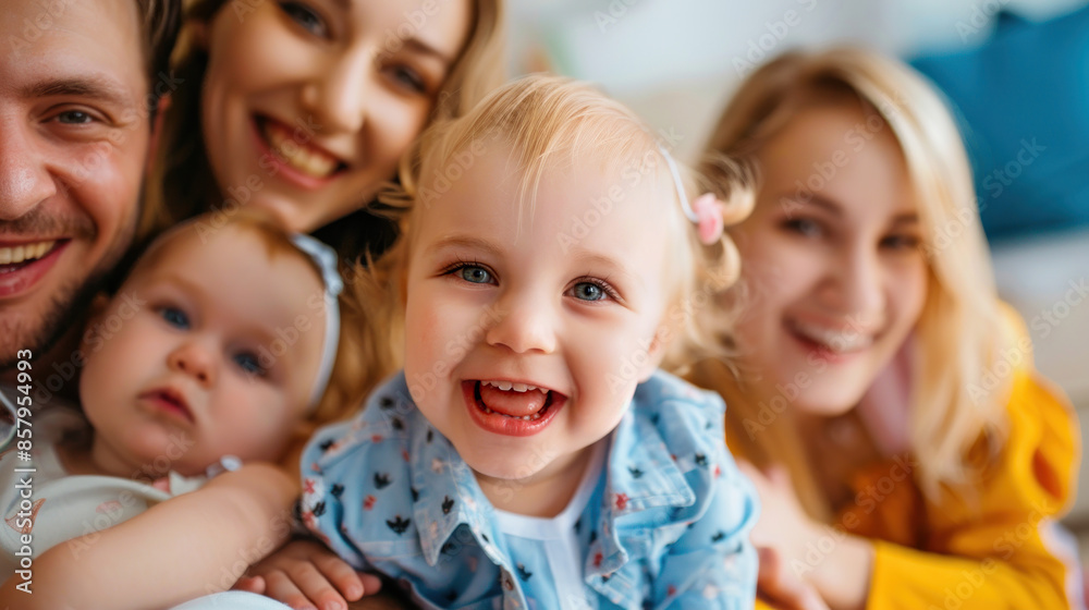Portrait of happy family with two kids at home. baby. Adorable children and parents share love and happiness. Young mother with their cute toddler and newborn, smiling together. Portrait of happy family with two kids at home. baby. Adorable children and parents share love and happiness. Young mother with their cute toddler and newborn, smiling together.