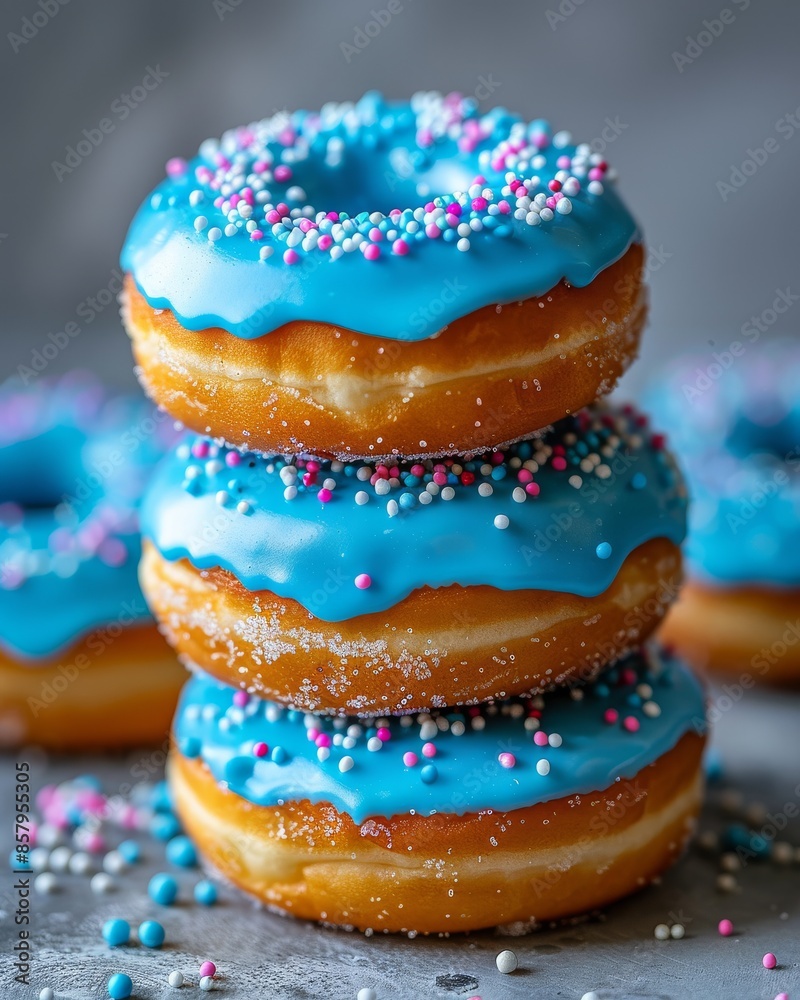Blue glazed donuts with sprinkles stacked, stacked donuts Blue glazed donuts with sprinkles stacked, stacked donuts