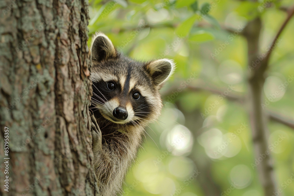 Waschbär hinter Baum Waschbär hinter Baum