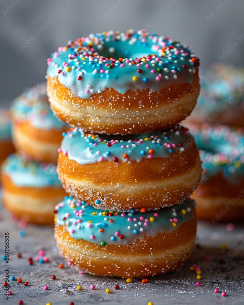 Blue glazed donuts with sprinkles stacked, stacked donuts Blue glazed donuts with sprinkles stacked, stacked donuts