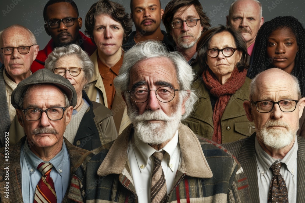Group of diverse people in a portrait of a senior man wearing glasses Group of diverse people in a portrait of a senior man wearing glasses