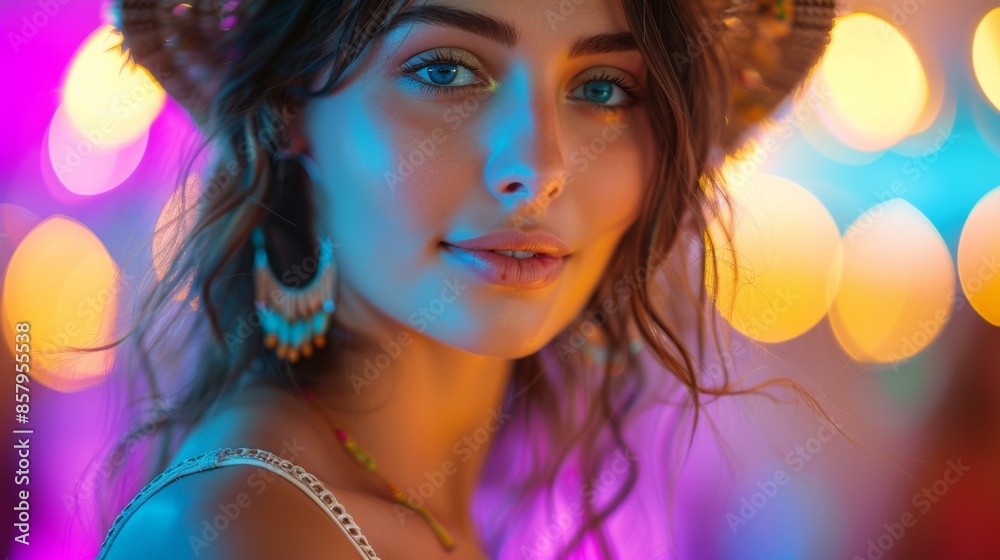 Obraz premium woman at a boho party, portrait, vibrant, professional light, close up, High - sharpness, sharp focus, soft light, bright