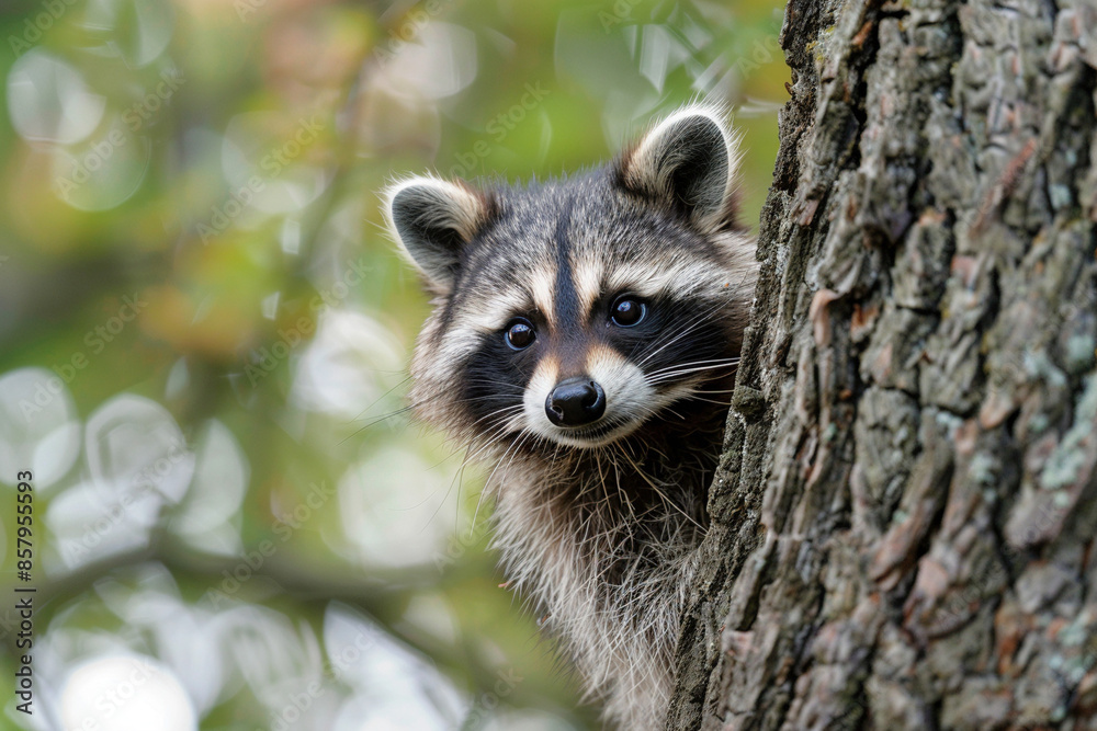 Fototapeta premium Waschbär hinter Baum