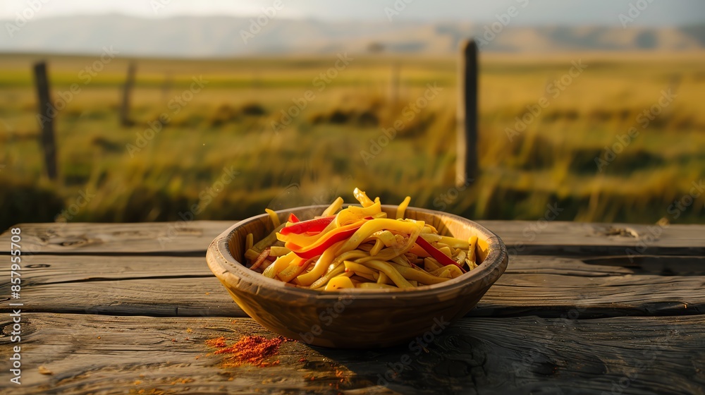 Φωτογραφία A dish of Kyrgyz laghman with handmade noodles and stirfried vegetables, served