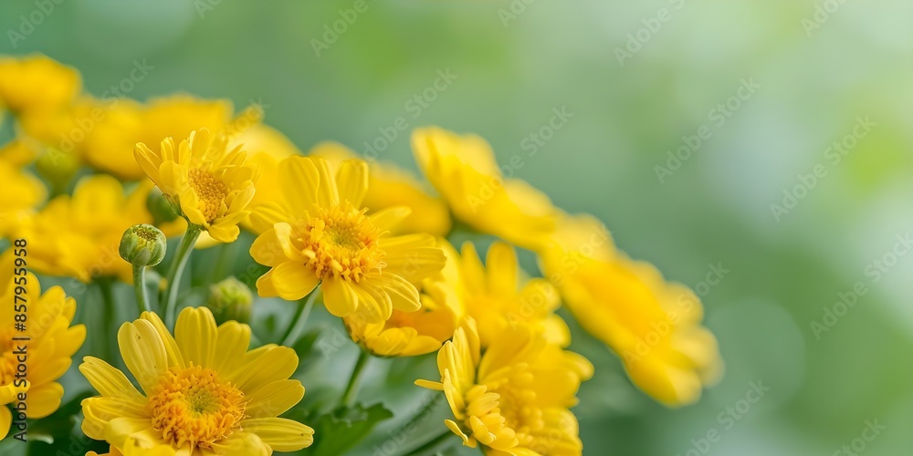 Macro shot of bright yellow Senecio vernalis flowers against a soft green backdrop. Concept Nature Photography, Macro Photography, Flower Close-ups, Color Contrast, Botanical Art Macro shot of bright yellow Senecio vernalis flowers against a soft green backdrop. Concept Nature Photography, Macro Photography, Flower Close-ups, Color Contrast, Botanical Art
